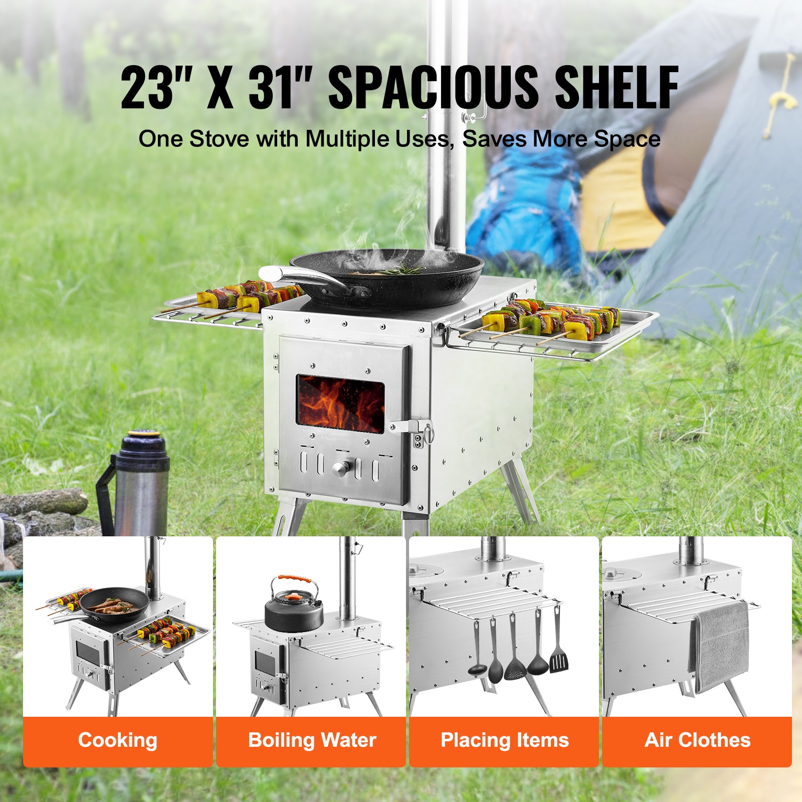 VEVOR 86 in Portable Wood Stove Camping Tent Stove w/ Pipe Stainless Steel