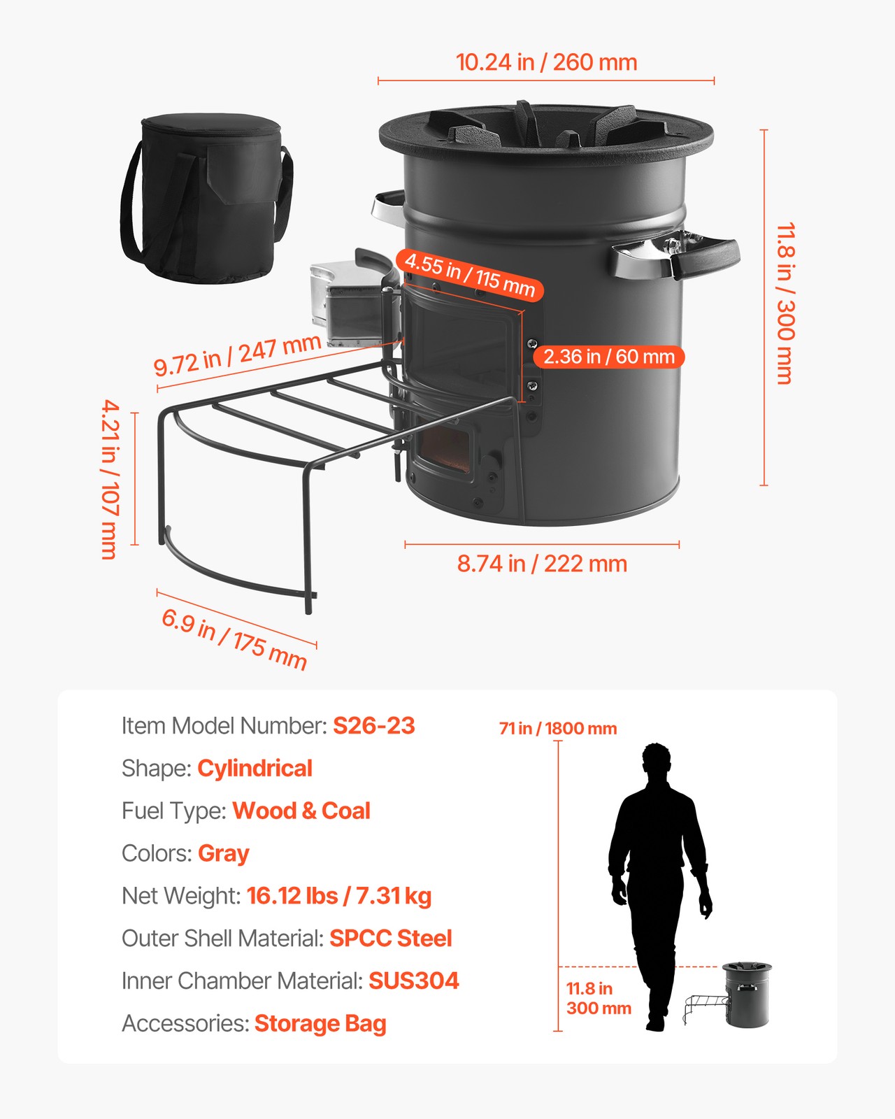 VEVOR Camping Rocket Stove Wood Burning Portable Rocket Stove with Double Door