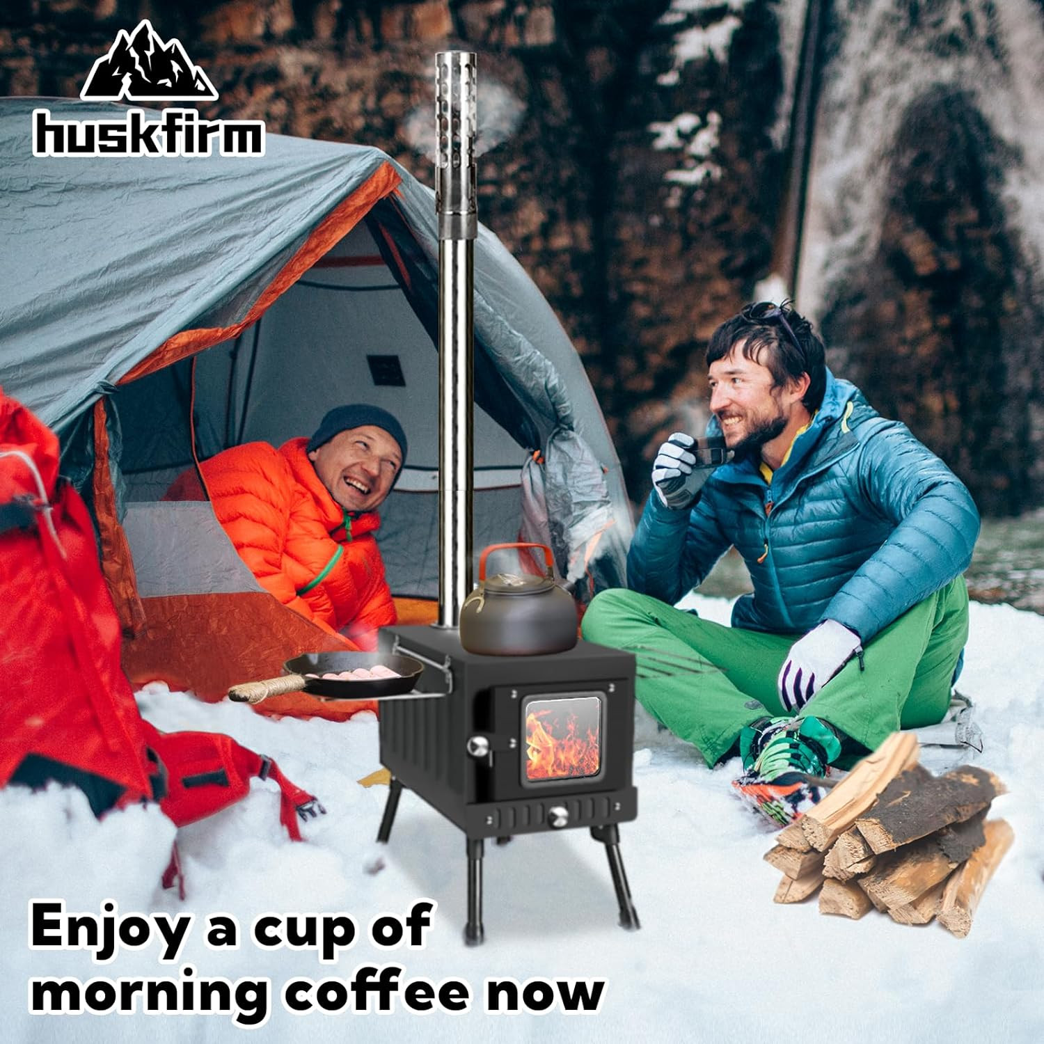 Portable Folding Wood Burning Camping Stove with Chimney Pipes & Spark Arrestor