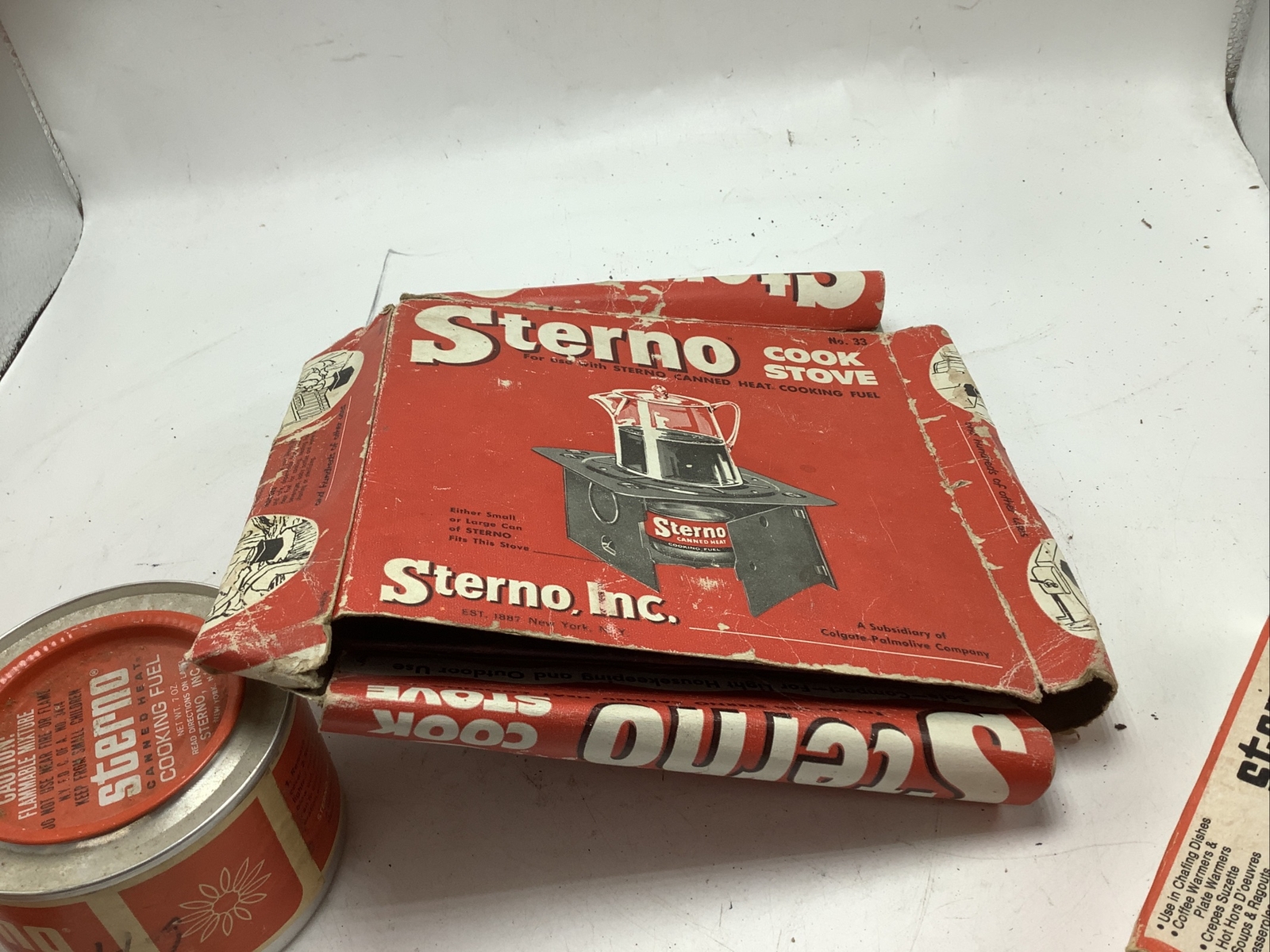 Bundle Vintage Sterno Folding Cook Stove No. 33 w/ Box and 4 cans cooking fuel