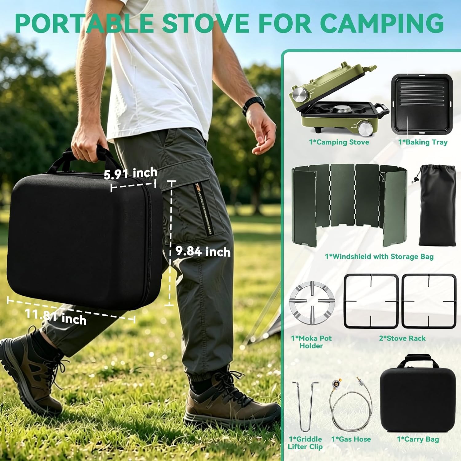 2 Burner Portable Camp Stove 24000 BTU Propane Camping Stove W/ Windshield