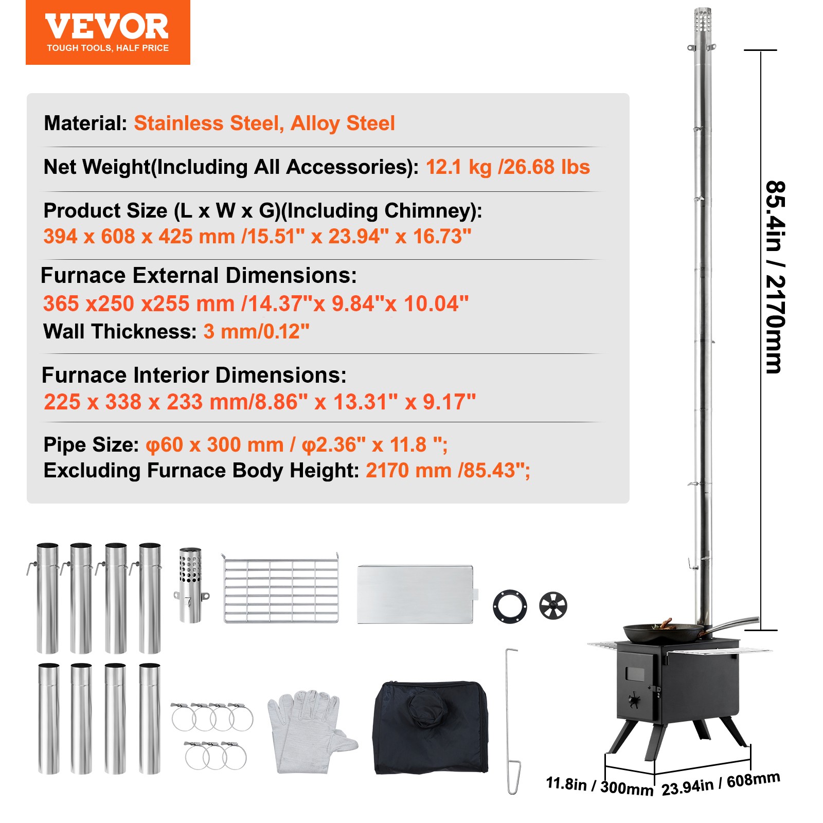 VEVOR Portable Wood Stove Camping Hot Tent BBQ Stove 86 in for Outdoor w/ Pipes