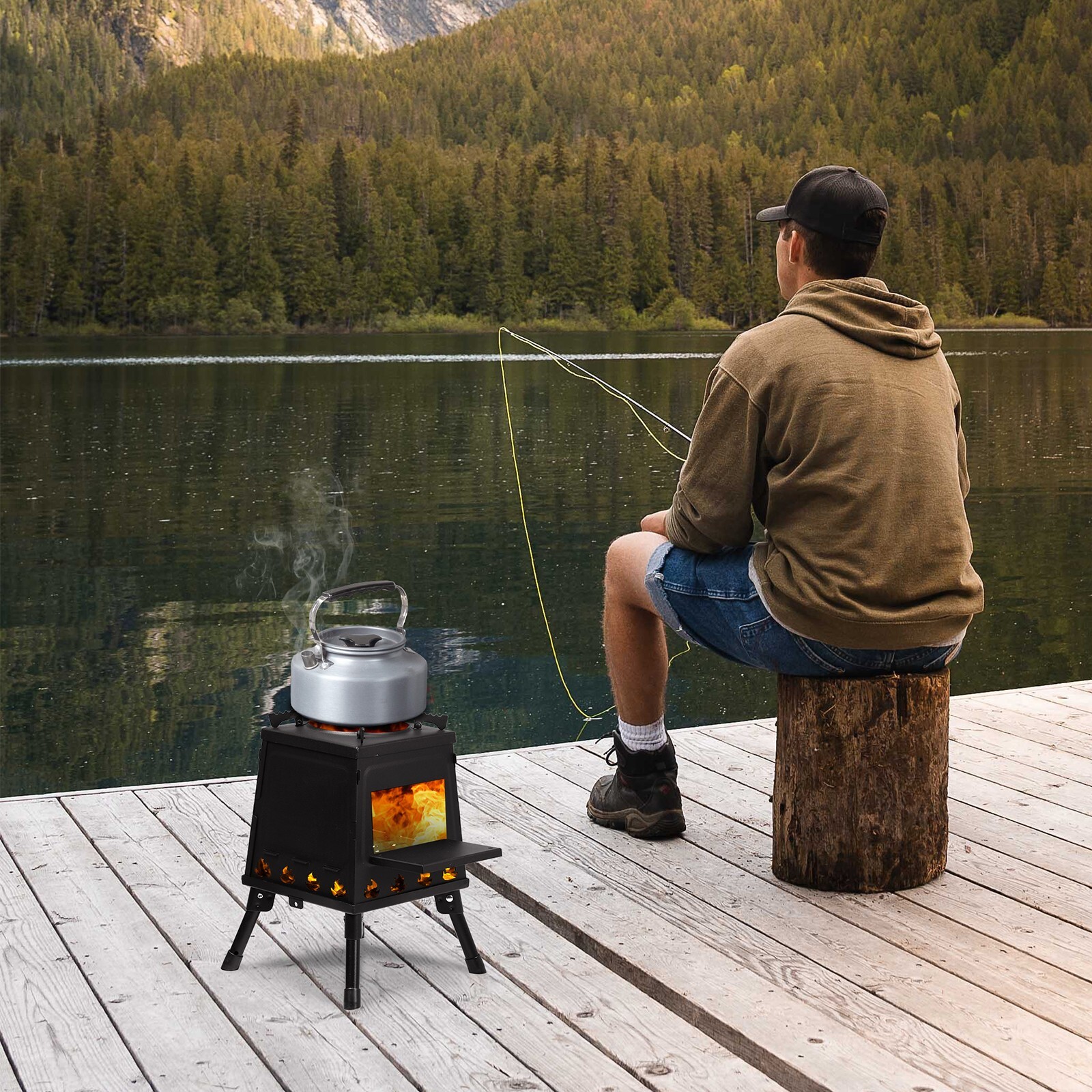 USA Portable Folding Wood Camping Stove Multi-Function Outdoor Cooking Equipment