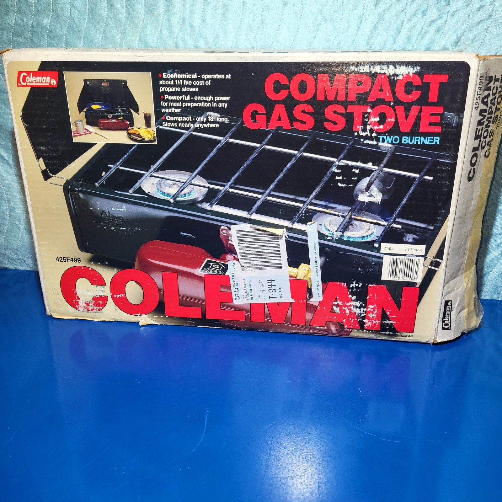 Vintage Coleman 425F499 Two Burner Camp Stove Fuel Gas Red Tank-NEW IN BOX, 8/88