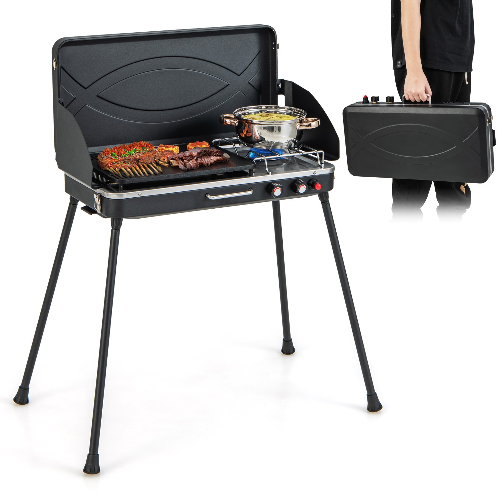 2-in-1 Propane Gas Grill w/ Grill Pan & Gas Stove for Camping Picnic BBQ Black