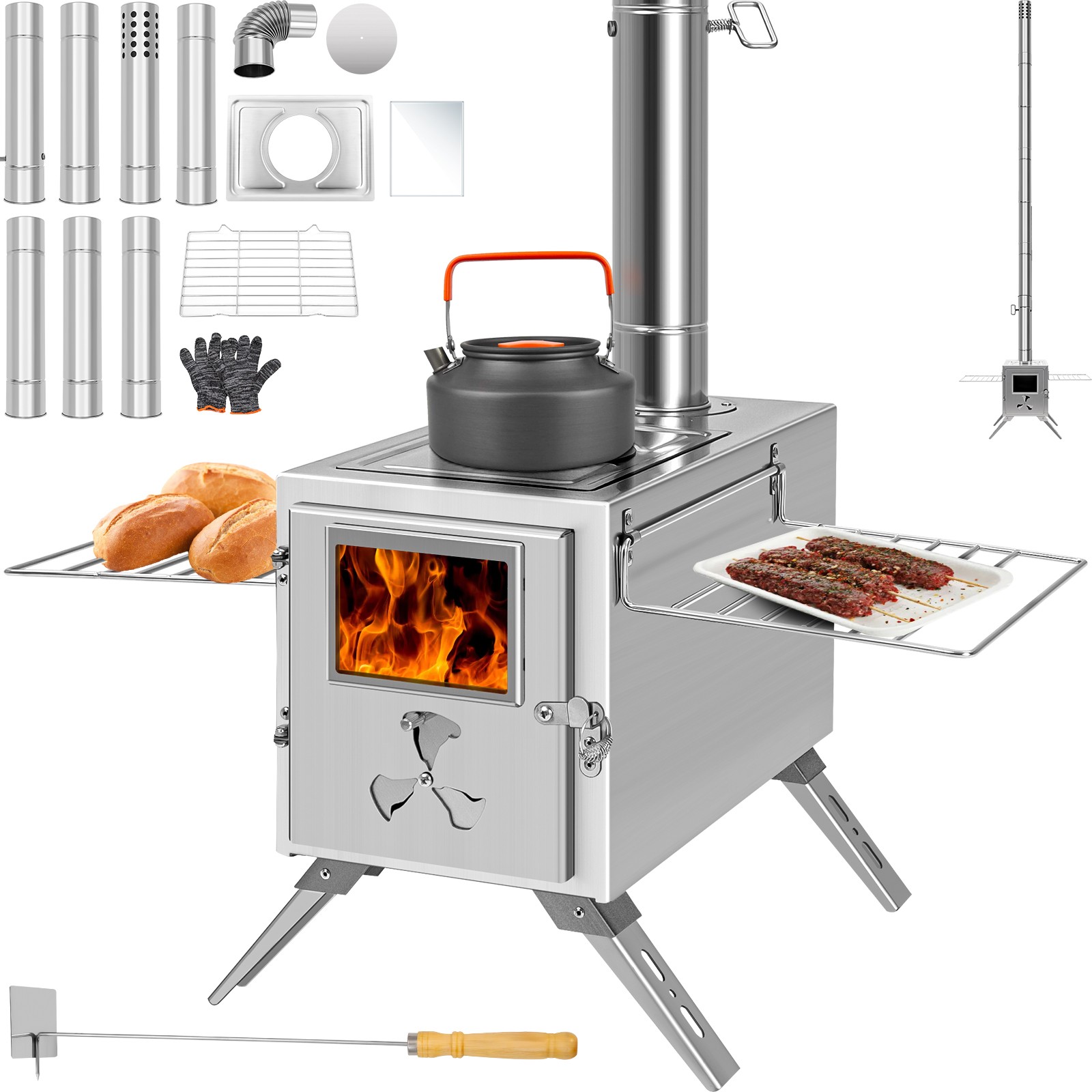 Camping Stove for Tent, Portable Stainless Steel Stove with 7 Chimney Pipes