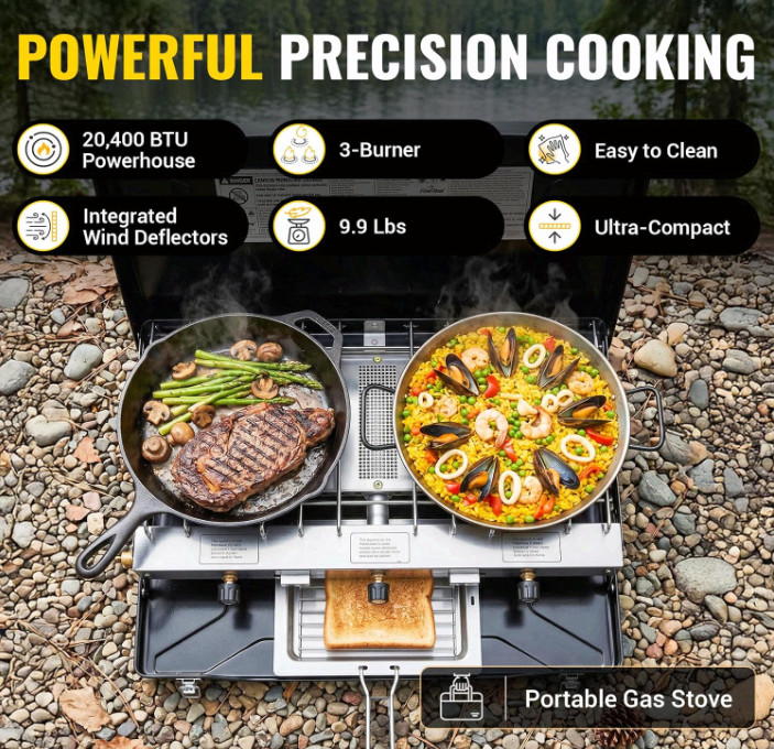 Portable 3-Burner Propane Camping Stove w/ Ignition, 20400 BTU