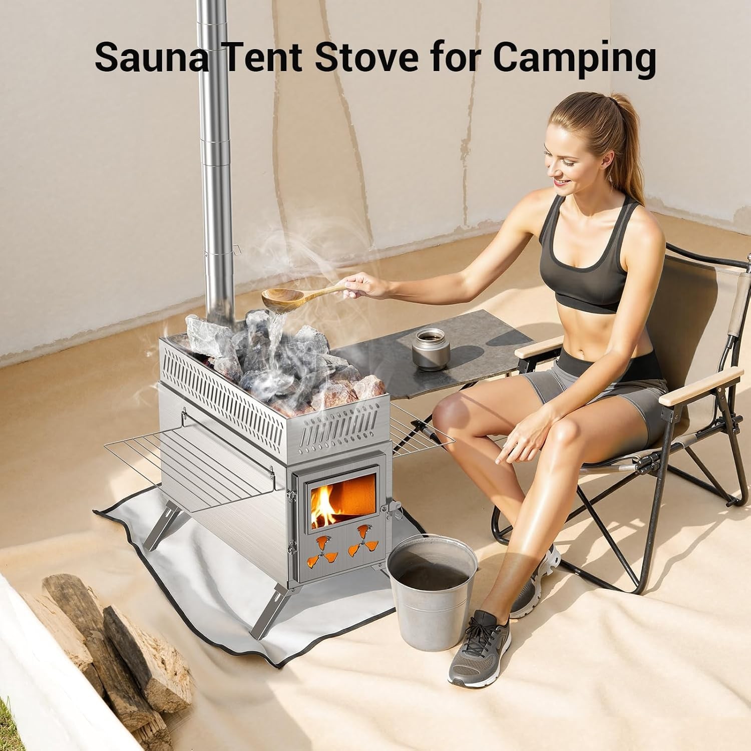 MOPHOTO 2in1 Sauna Hot Tent Stove Burning Stove With Stone Box 8 Chimney Pipes