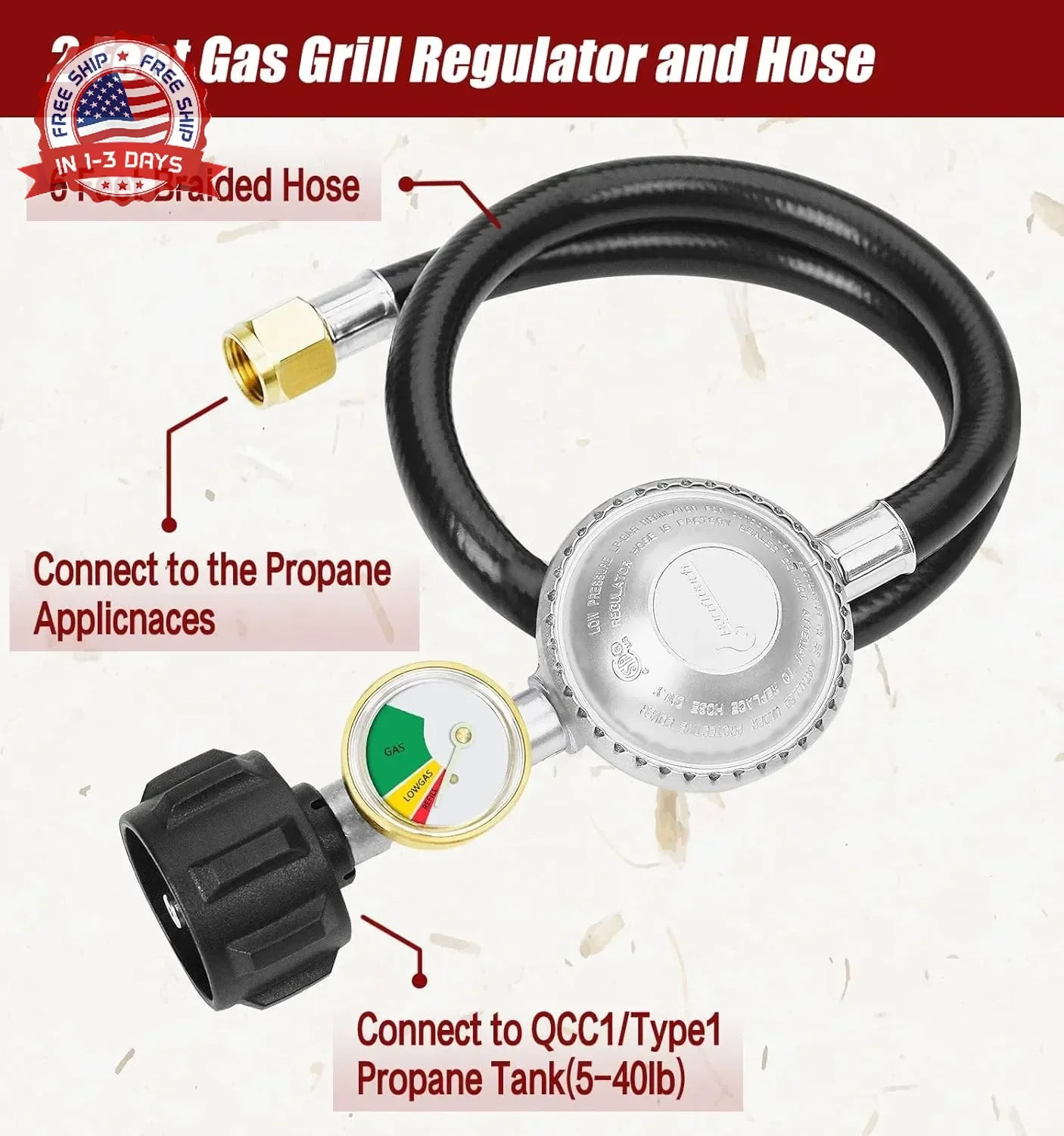 2 Feet Propane Hose Regulator Gauge 3/8 Inch Female Flare Heavy-Duty for Outdoor