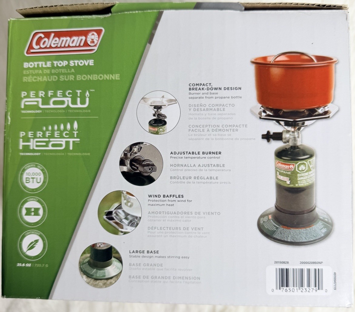 Coleman Bottle Top Propane Stove Perfect Flow 10,000 BTU Camping New Open Box