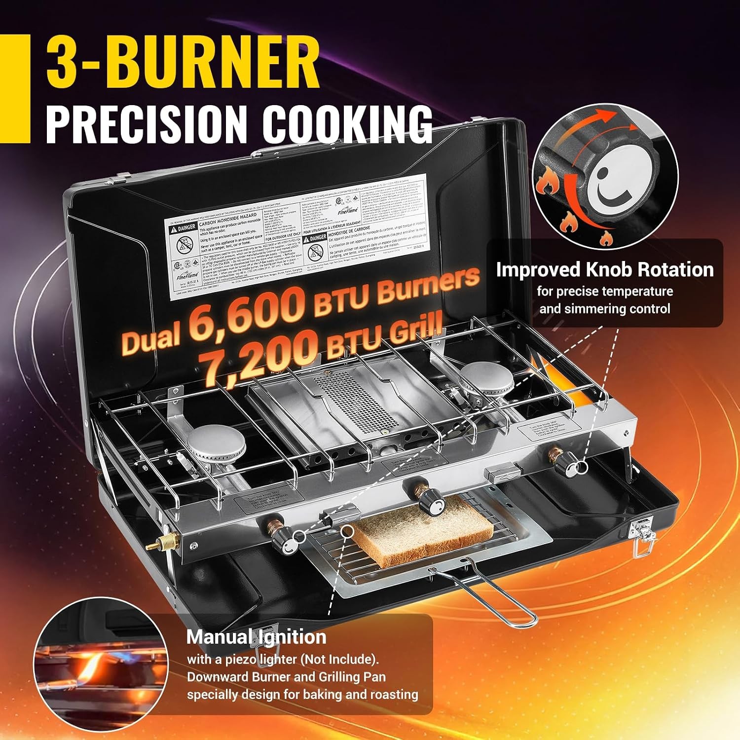 Camping Stove, Propane Portable Camp Stove, 20400BTU-3 Burners | with Toaster &