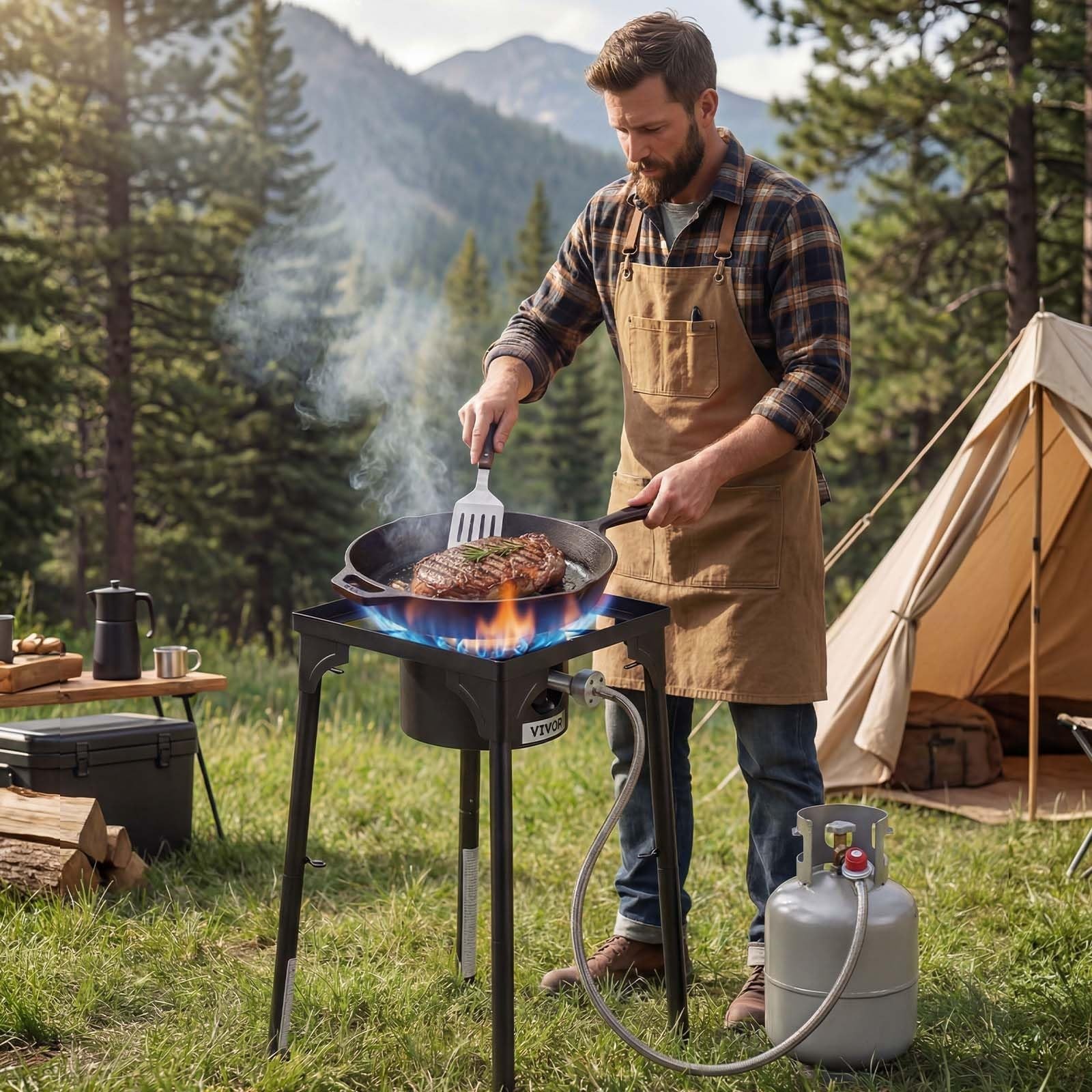 Heavy Duty Outdoor Propane Gas Stove 100,000 BTU, Camping Cooker with Tall Stand