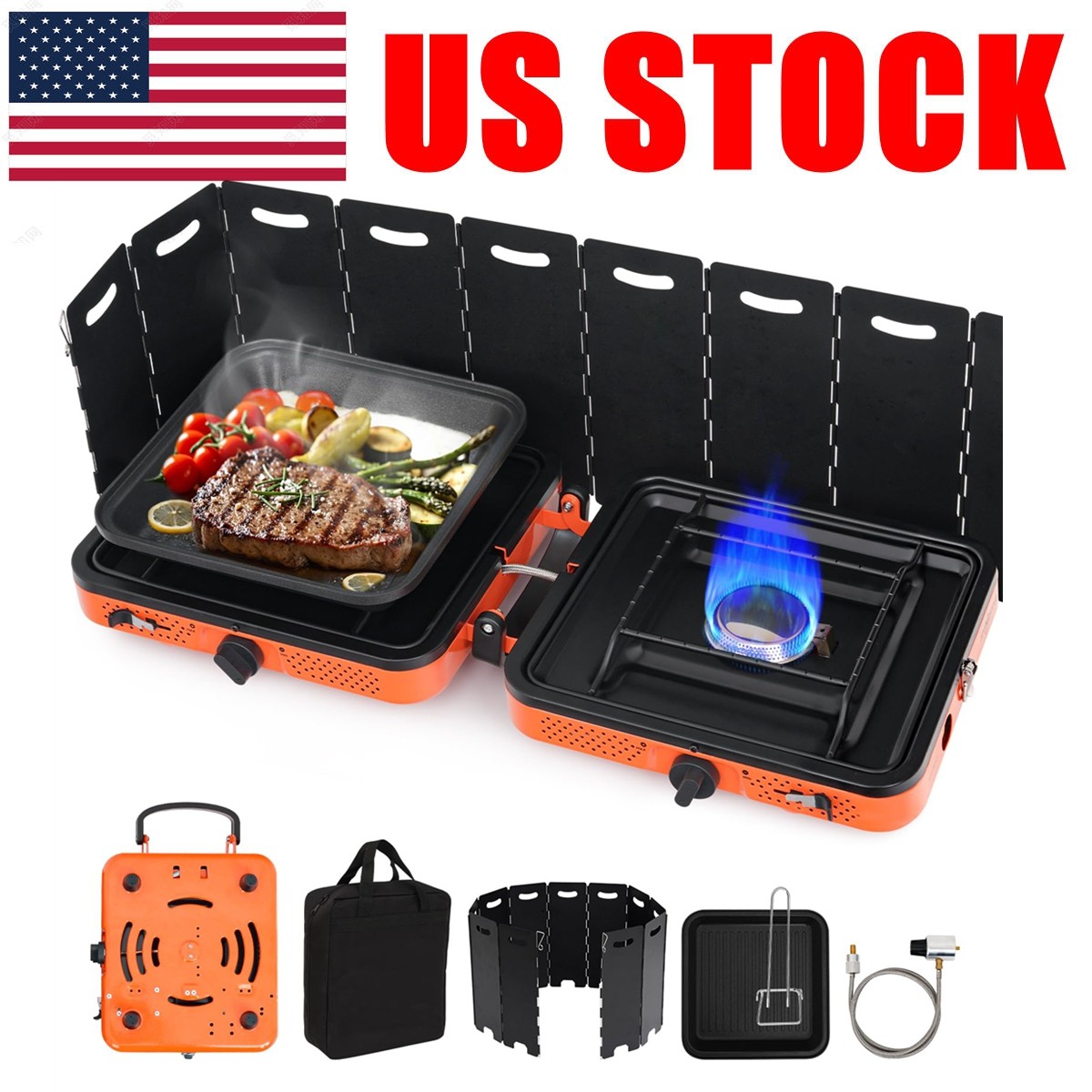Orange 2 Burner Propane Stove Foldable Camping Stove W/ Case&Hose, Windproof