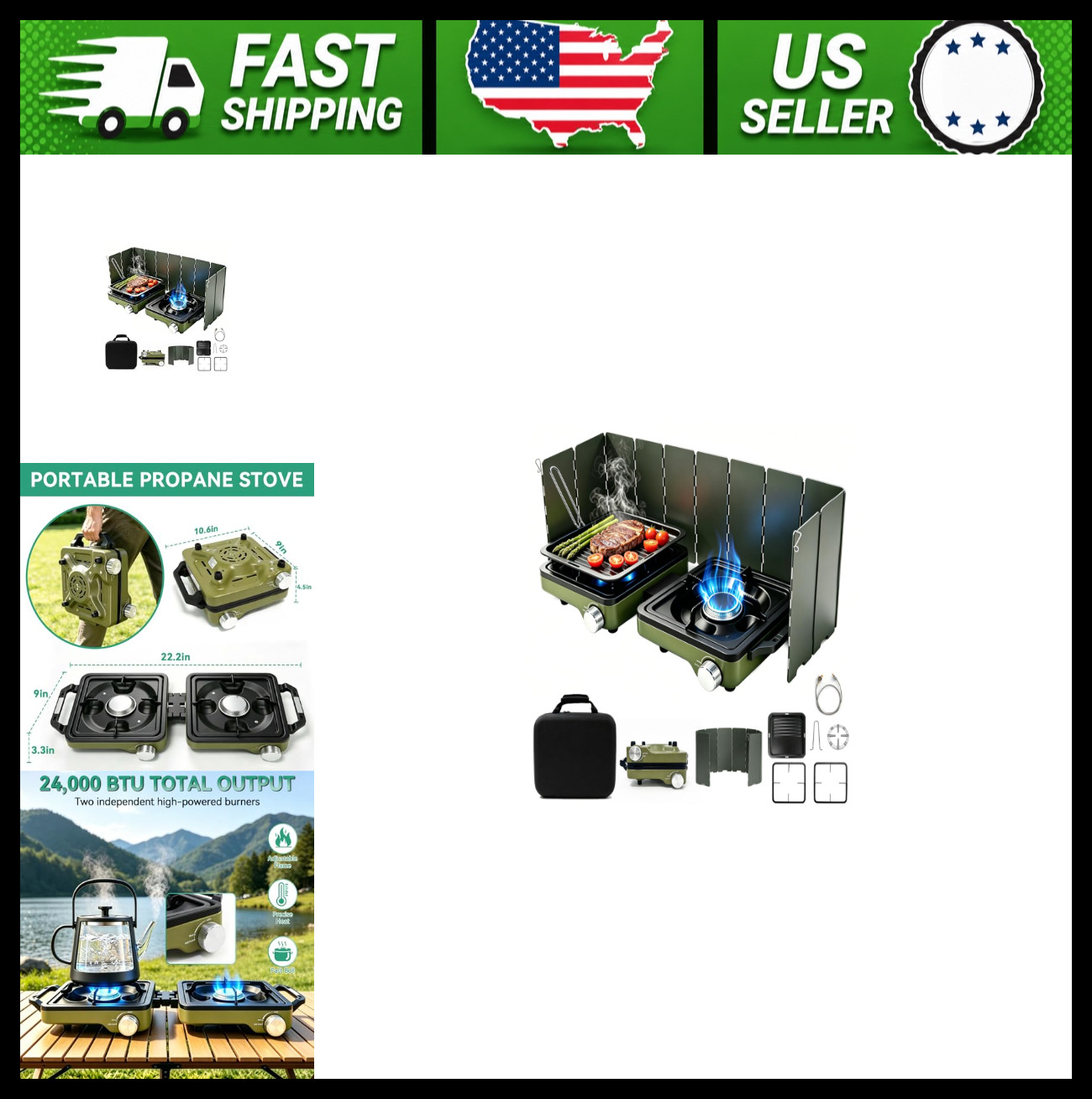 2 Burner Portable Propane Camp Stove with Windshield and Carry Bag