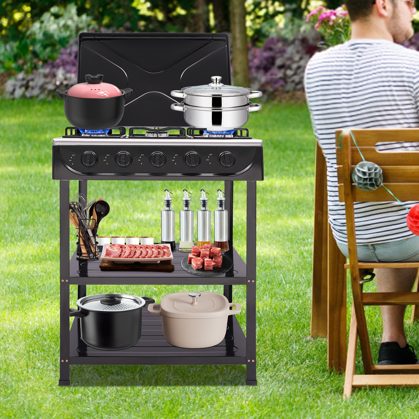 Outdoor Cooking Natural Gas Stove 5-Burners W/ Storage Rack For Camping/Kitchen