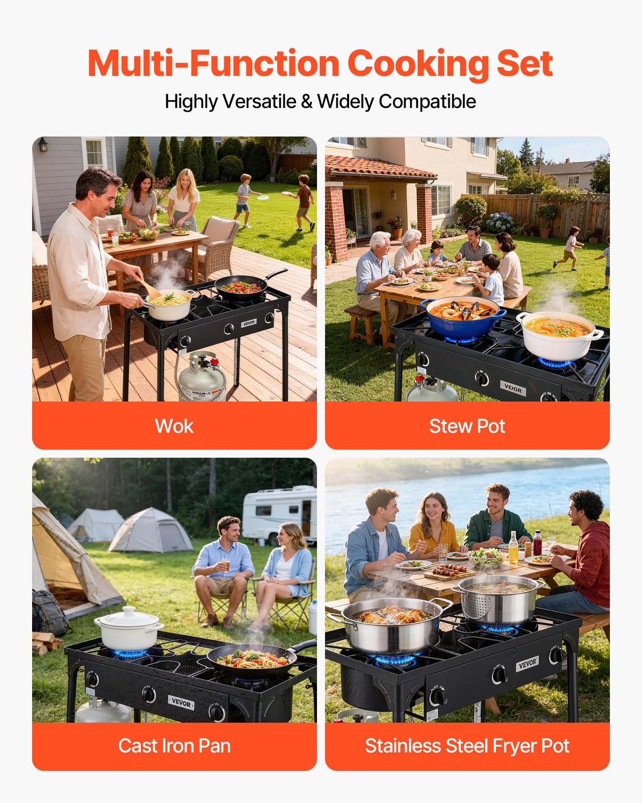 VEVOR 3 Burner Propane Gas Stove 225000 BTU Outdoor Camping Cooker with Shield