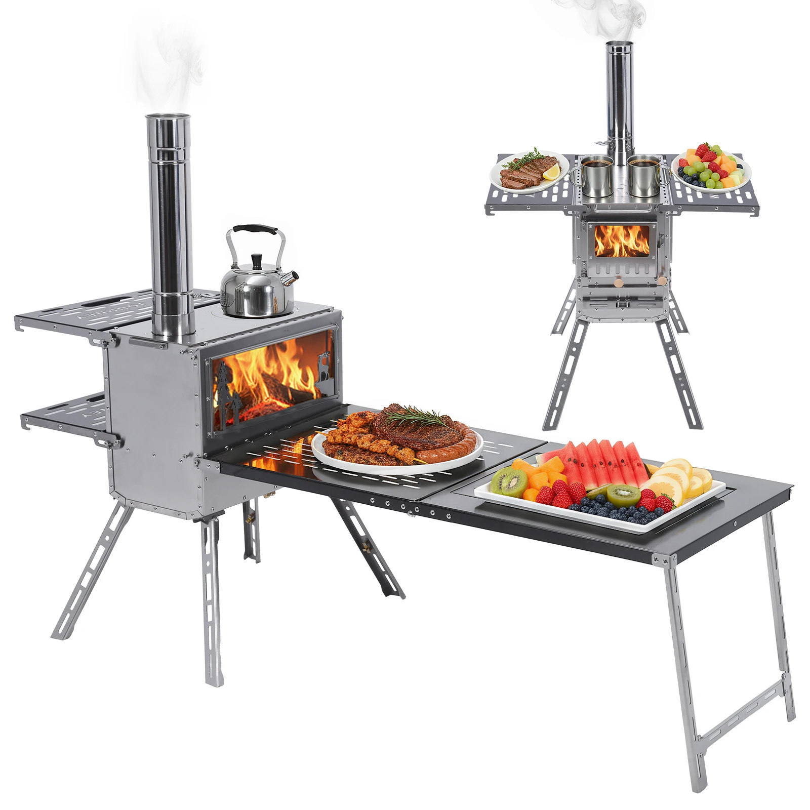 Camping Stove with Oven & Camping Table with Chimney Pipe Multi-Fuel Camp Stove