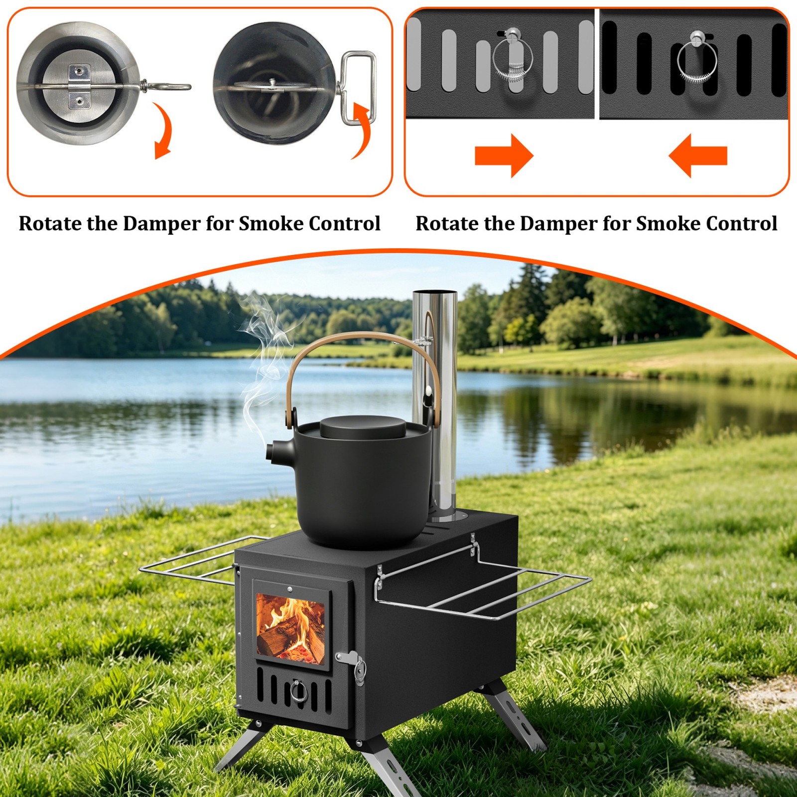 Portable Wood Burning Stove with 6 Chimney Pipes Heavy Duty Hot Tent Heater USA