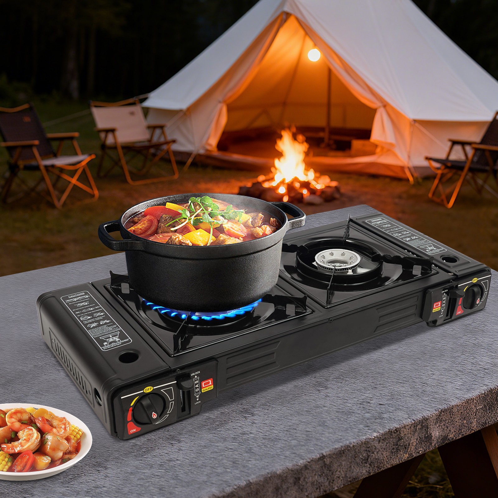 2-Burner Portable Butane Camping Stove for Outdoor Cooking with Carrying Case