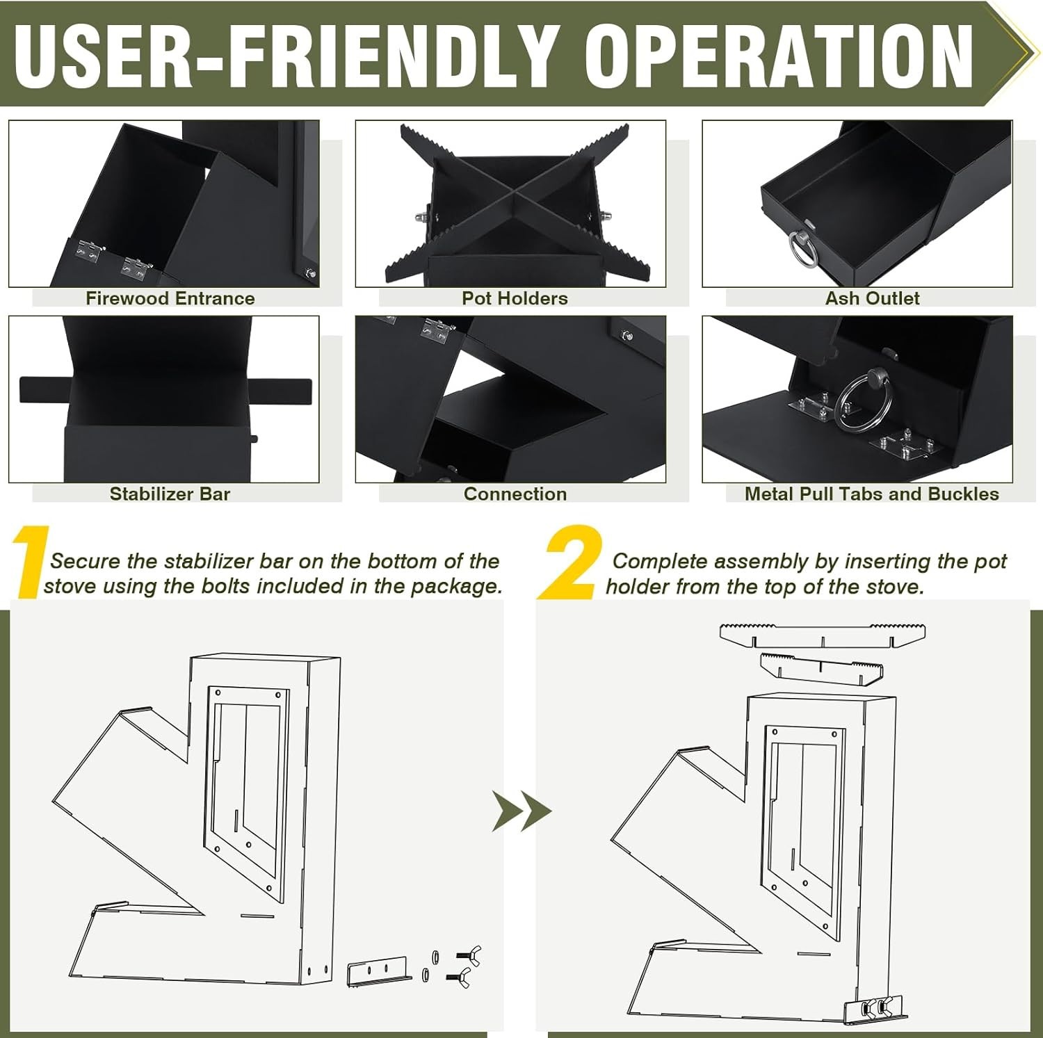 Rocket Stove Portable Wood Burning w/ Glass Window Camping Grill for Outdoor