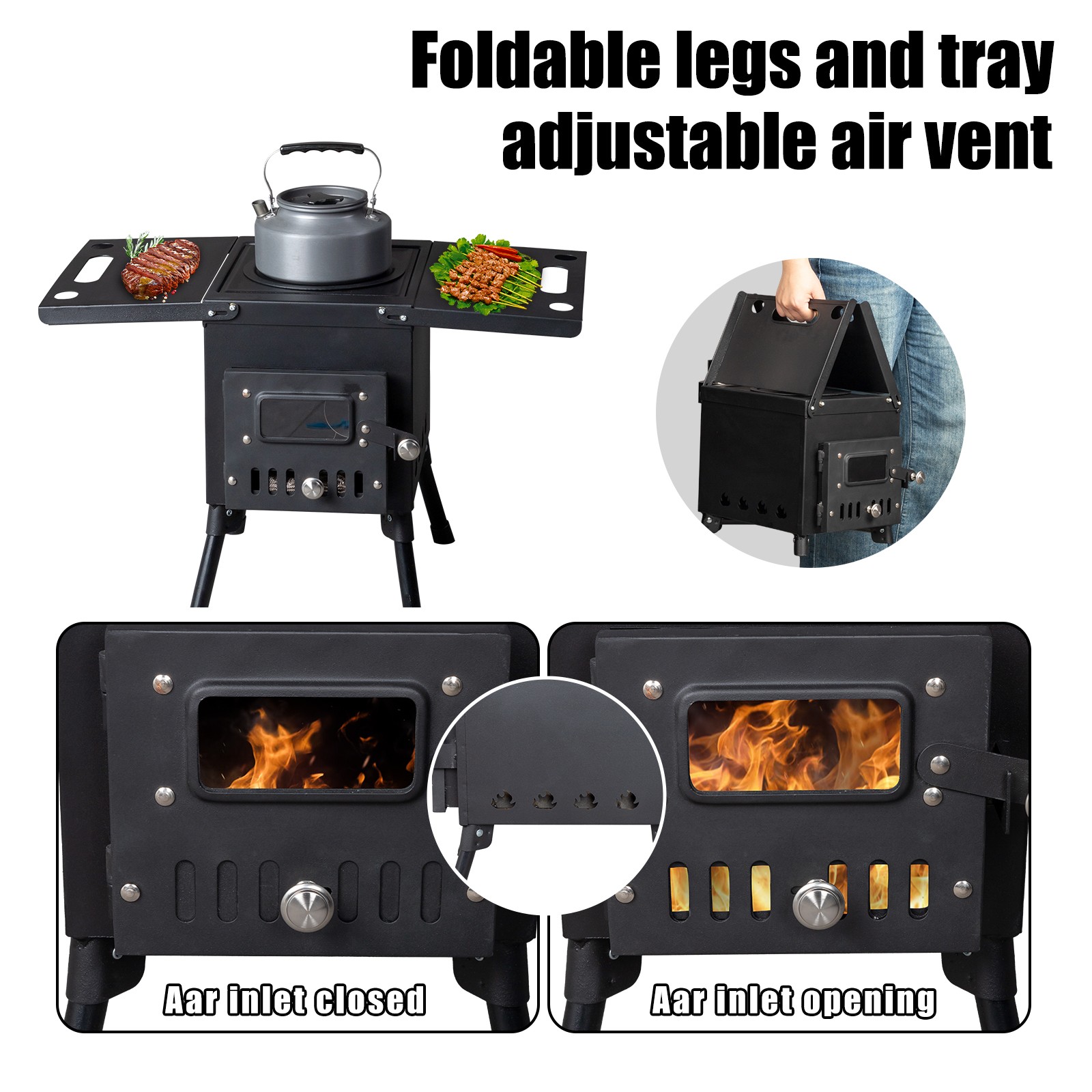 Camping Wood Stove Stainless Steel Camping Tent Stove Burning Stove with 3 Pipes