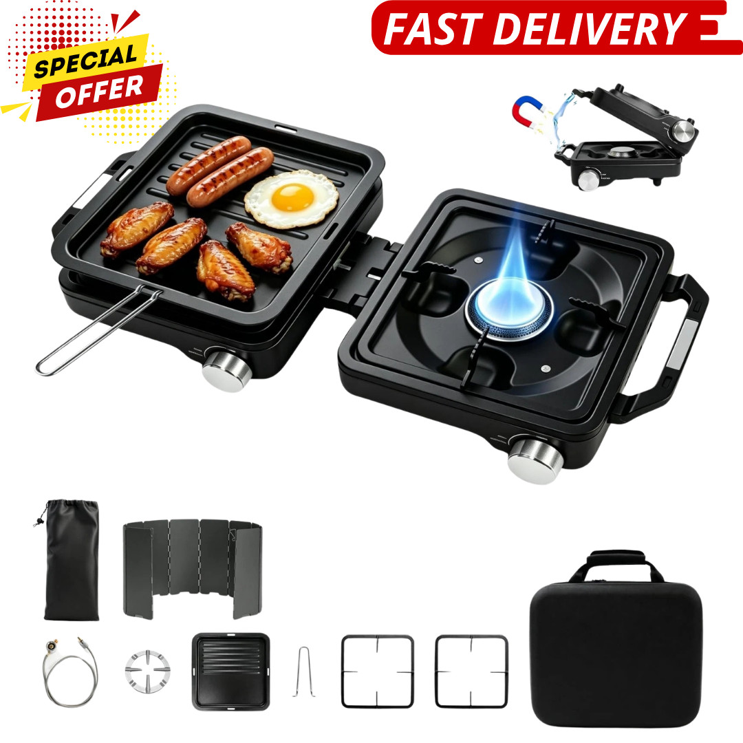 2 Burner Folding Camp Stove 24000 BTU Propane Windshield Carry Bag Black