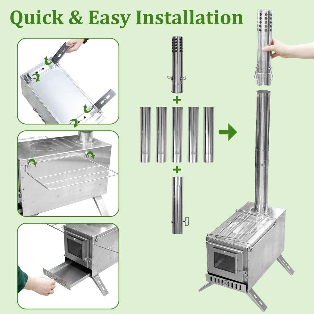 Premium Hot Tent Stove Stainless Steel Wood Burning Stove with 7 Chimney Pipes