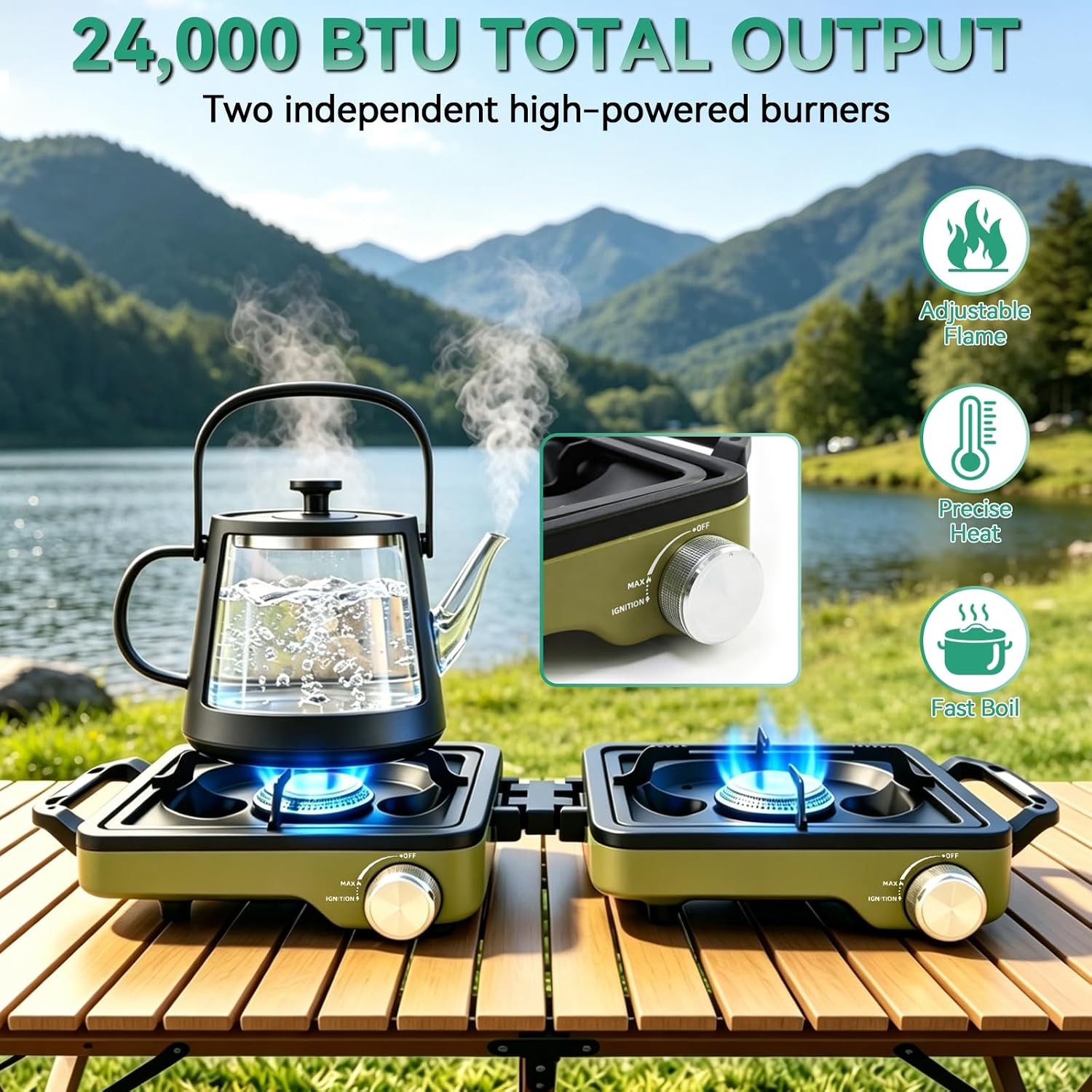 2 Burner Portable Camp Stove 24000 BTU Propane Camping Stove W/ Windshield