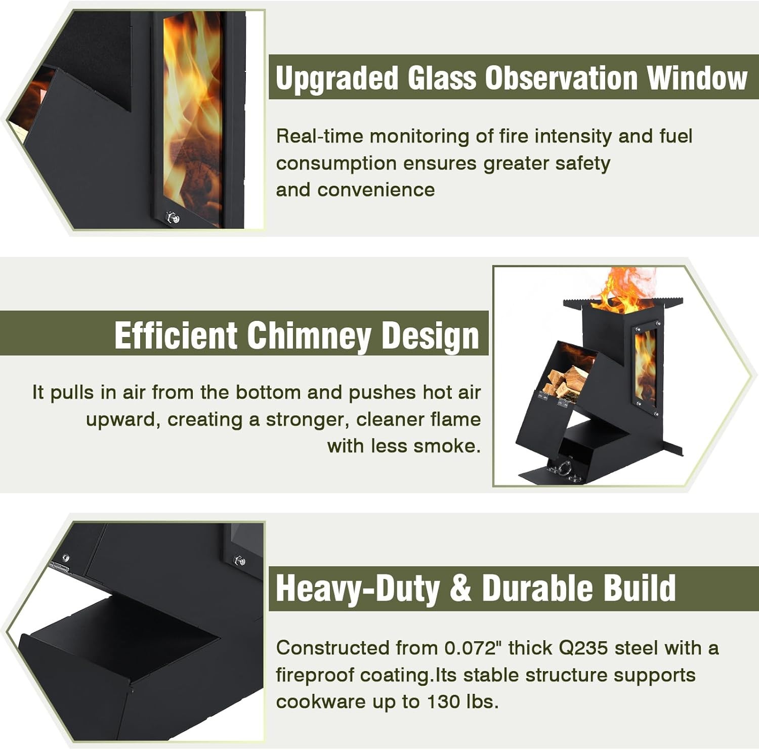Rocket Stove Portable Wood Burning w/ Glass Window Camping Grill for Outdoor