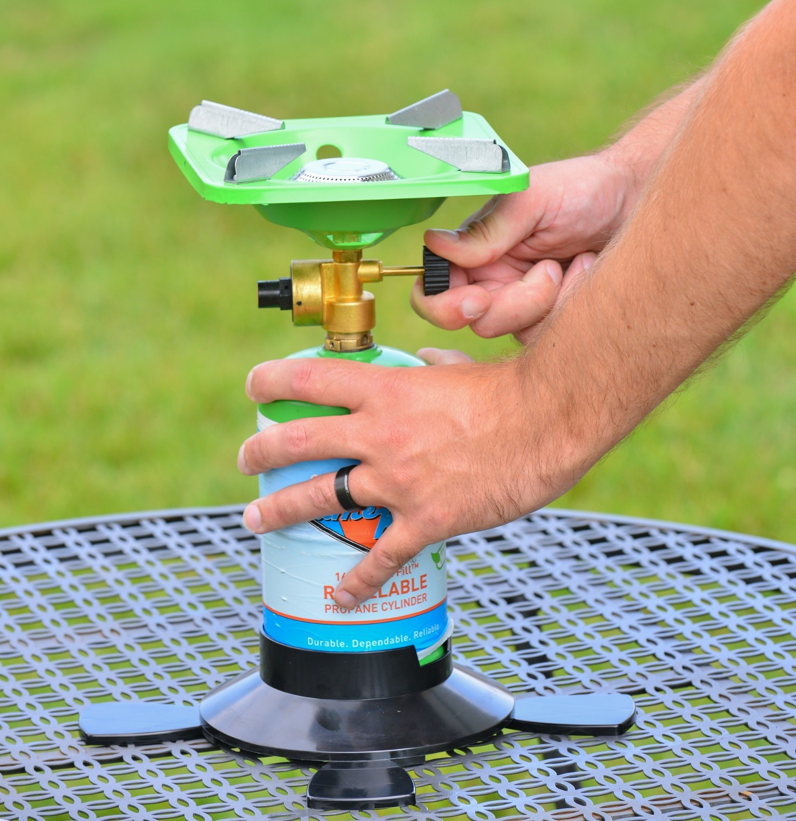 Single Burner Portable Camping Stove with Base for 1lb Propane Tank Bottle Top