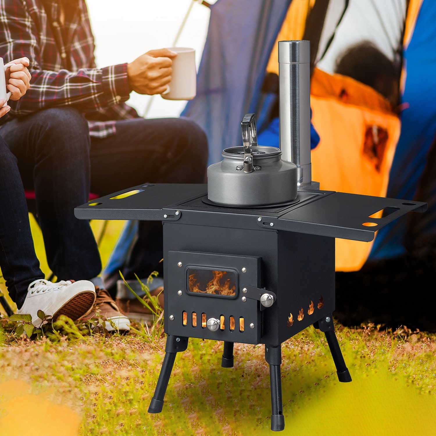 Camping Wood Stove Stainless Steel Camping Tent Stove Burning Stove with 3 Pipes