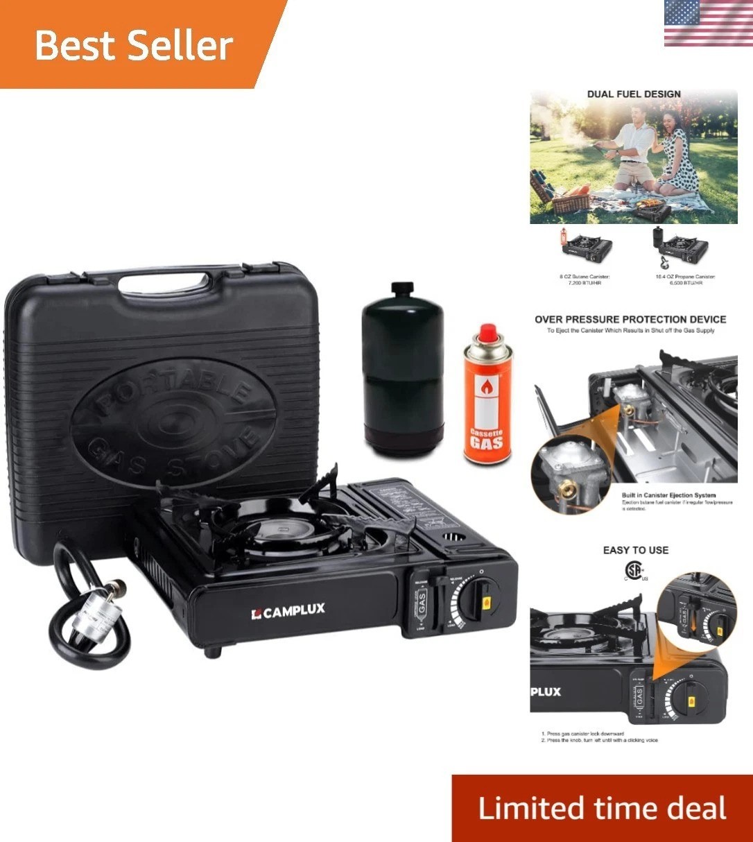 Compact 3.31lb Propane & Butane Camping Stove for Effortless Outdoor Cooking